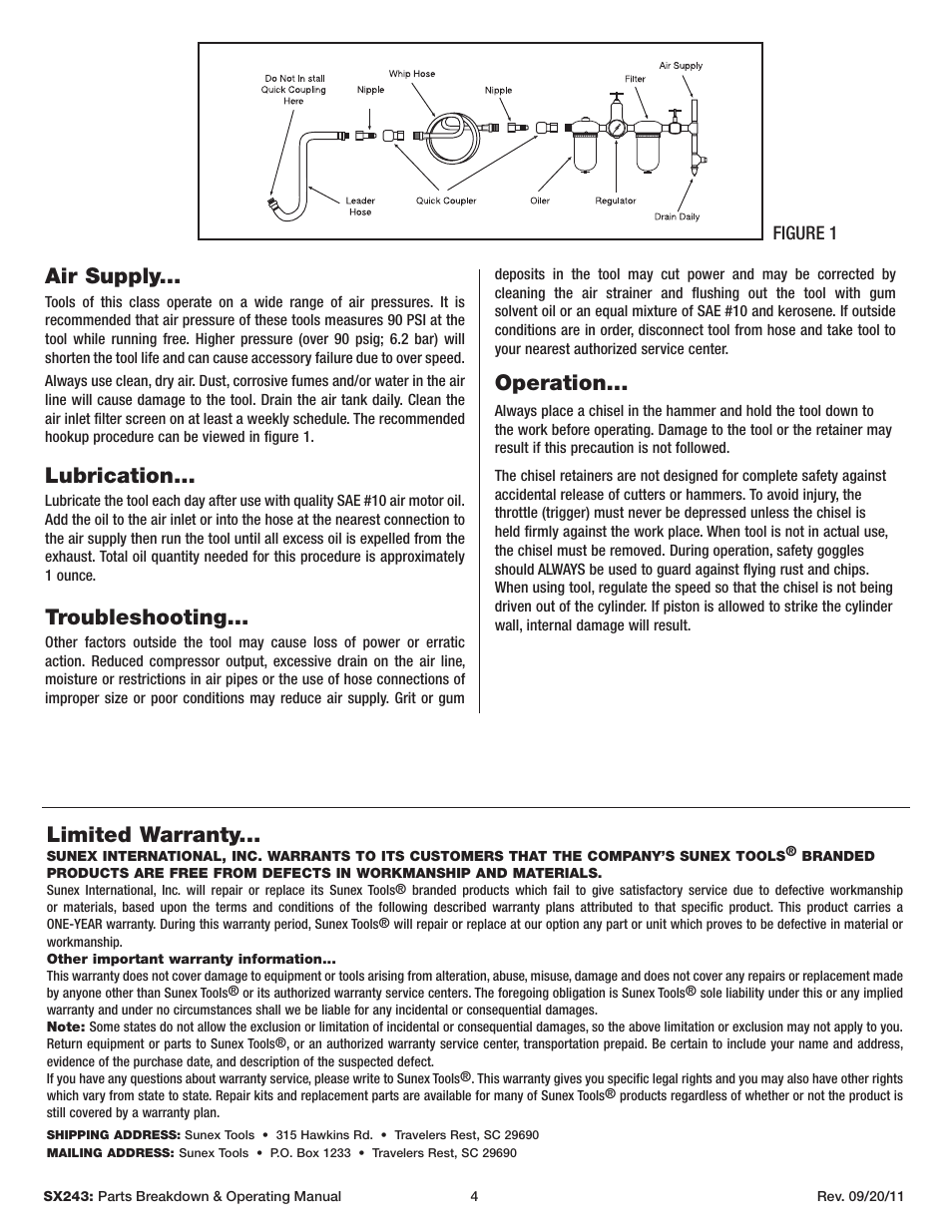 Operation, Air supply, Lubrication | Troubleshooting, Limited warranty | Sunex Tools SX243 User Manual | Page 4 / 10