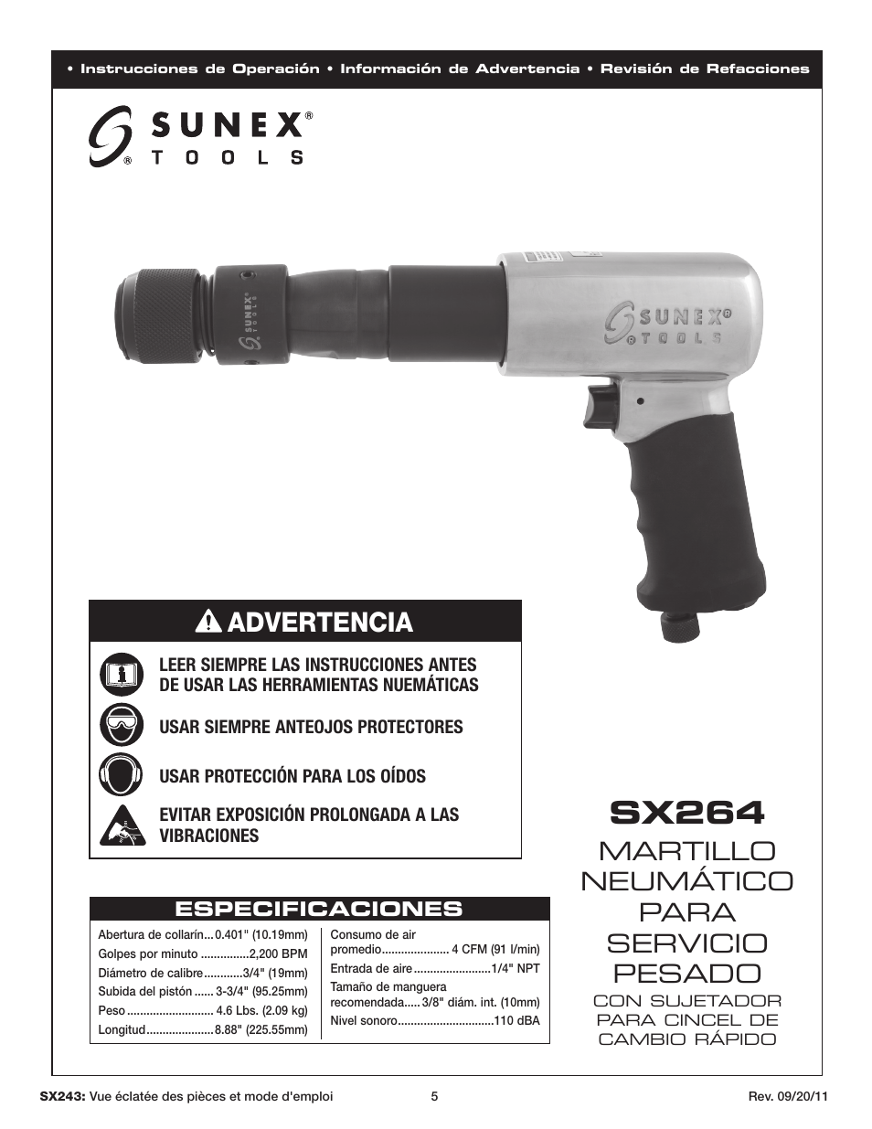 Sx264, Advertencia, Martillo neumático para servicio pesado | Sunex Tools SX243 User Manual | Page 5 / 10