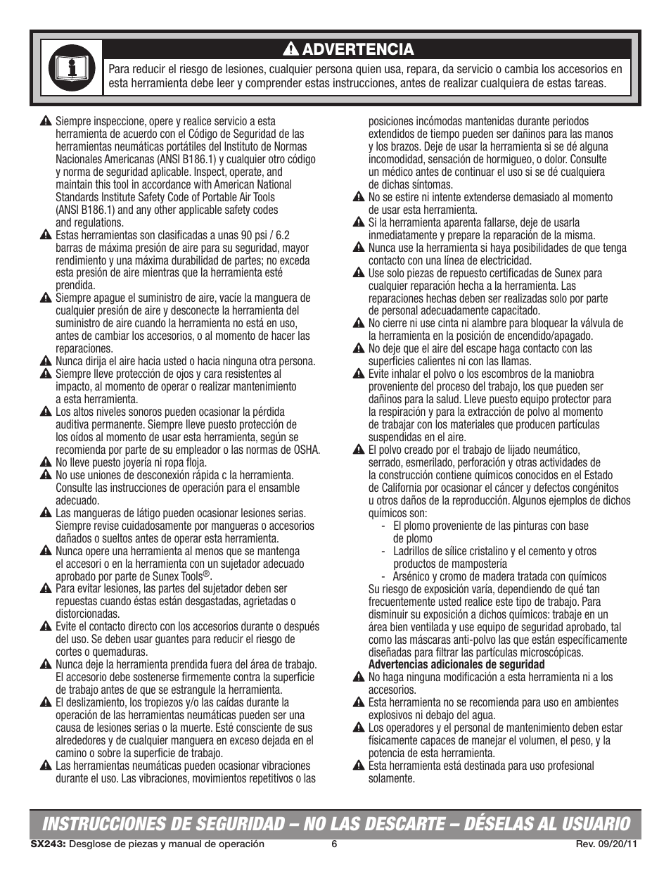 Advertencia | Sunex Tools SX243 User Manual | Page 6 / 10