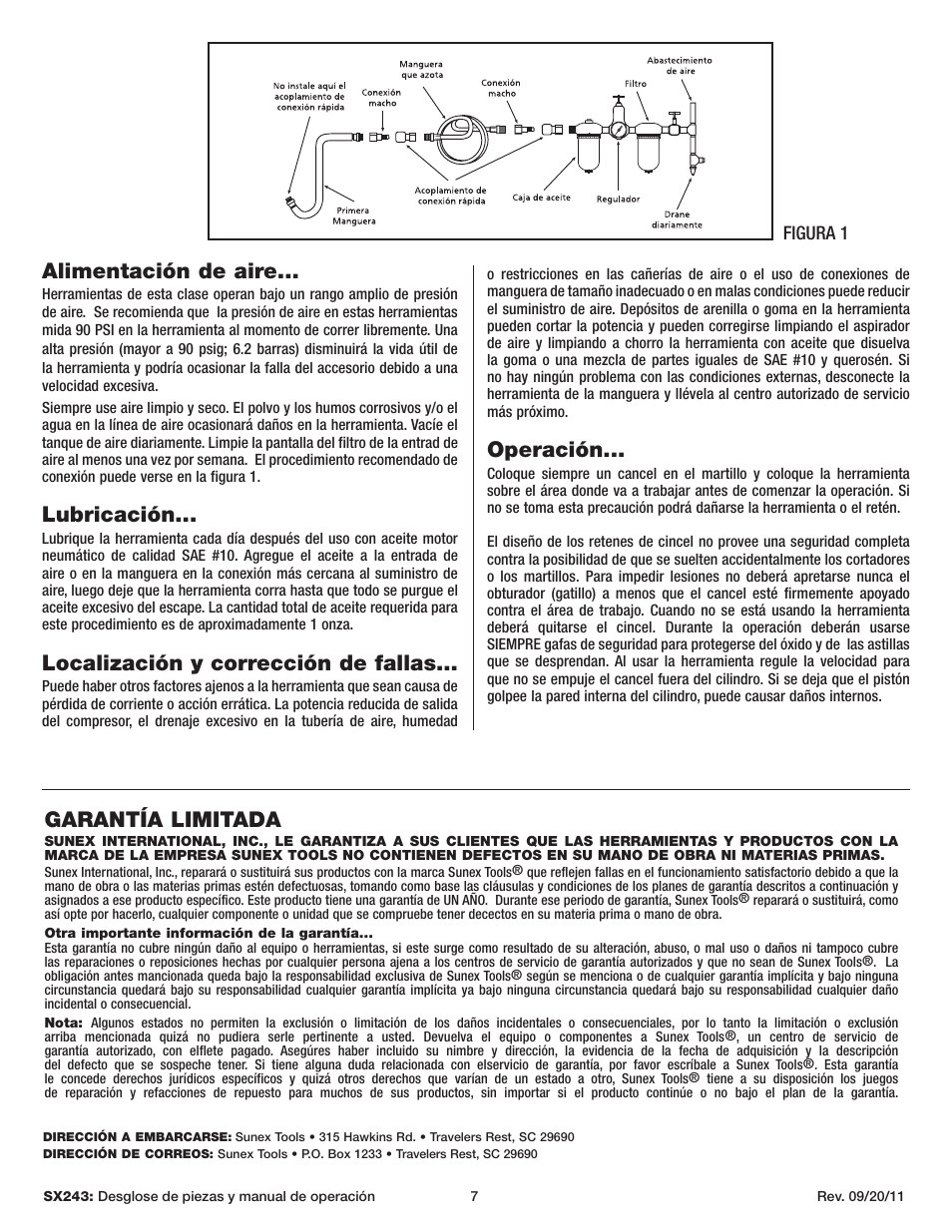 Alimentación de aire, Lubricación, Localización y corrección de fallas | Operación, Garantía limitada | Sunex Tools SX243 User Manual | Page 7 / 10