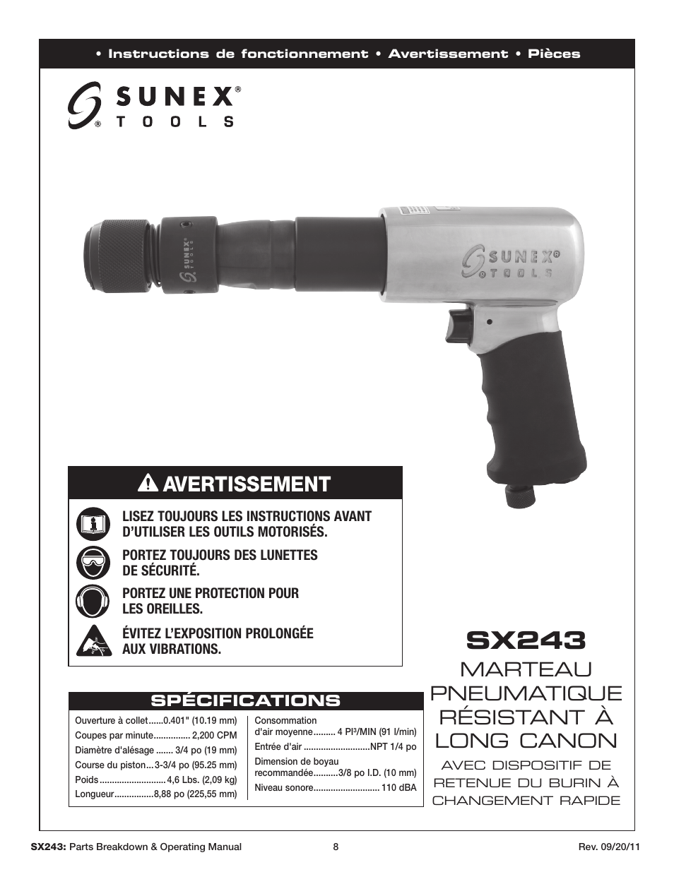 Sx243, Avertissement, Marteau pneumatique résistant à long canon | Sunex Tools SX243 User Manual | Page 8 / 10