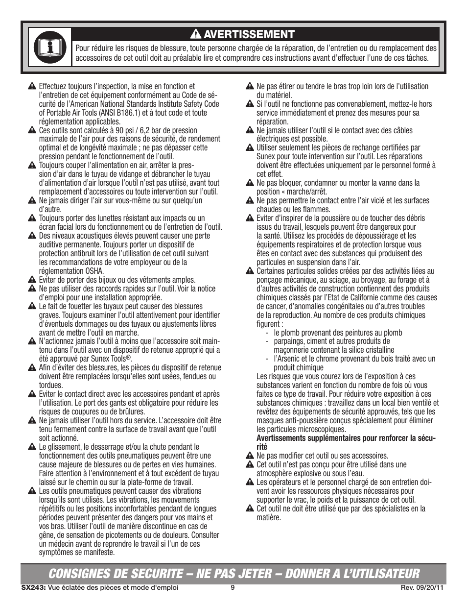 Avertissement | Sunex Tools SX243 User Manual | Page 9 / 10