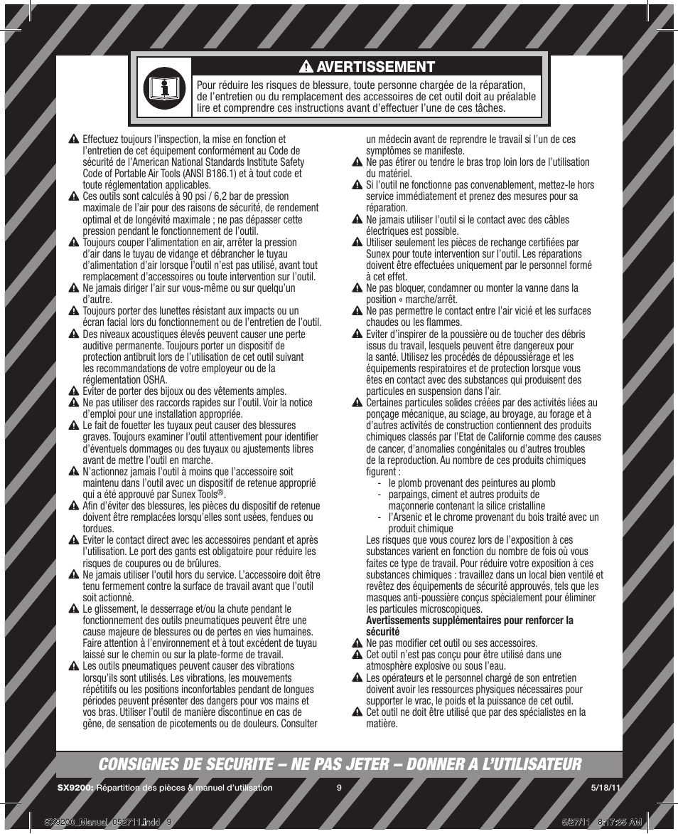 Avertissement | Sunex Tools SX9200 User Manual | Page 9 / 11