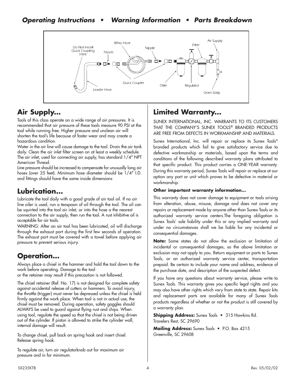 Air supply, Lubrication, Operation | Limited warranty | Sunex Tools SX235KTB User Manual | Page 4 / 4