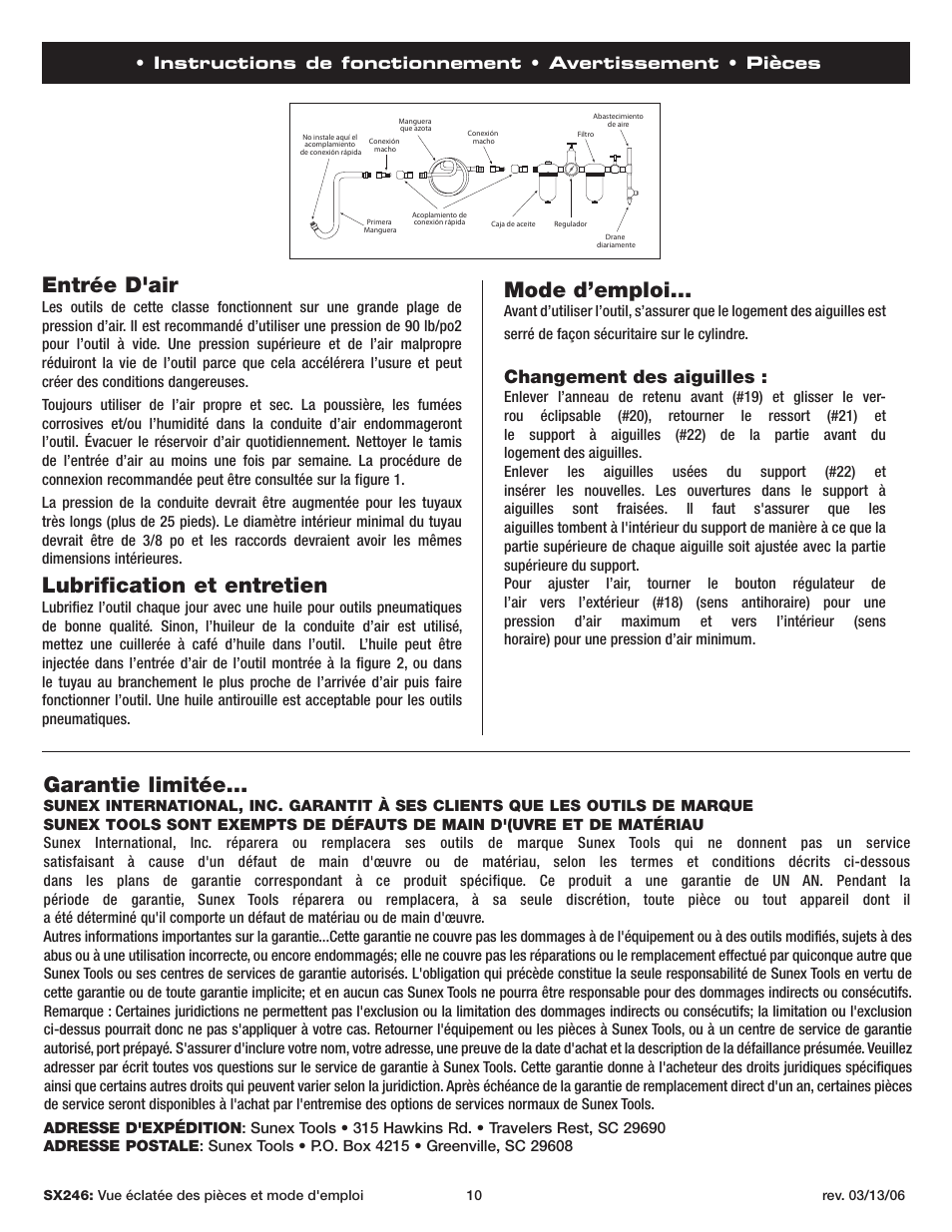 Entrée d'air, Lubrification et entretien, Mode d’emploi | Garantie limitée, Changement des aiguilles | Sunex Tools SX246 User Manual | Page 10 / 10