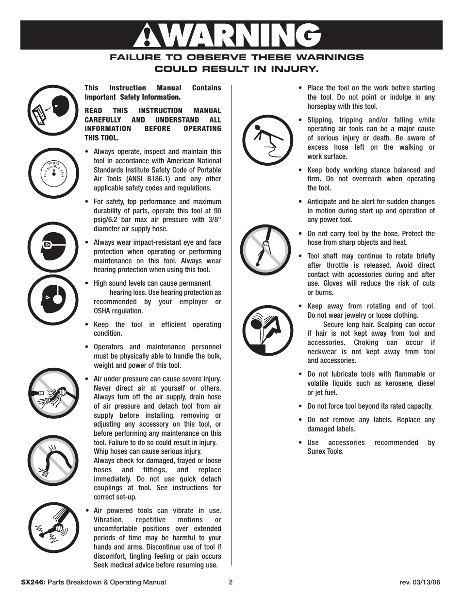 Warning | Sunex Tools SX246 User Manual | Page 2 / 10