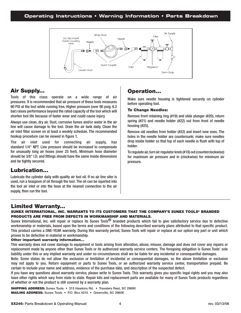 Air supply, Lubrication, Operation | Limited warranty | Sunex Tools SX246 User Manual | Page 4 / 10