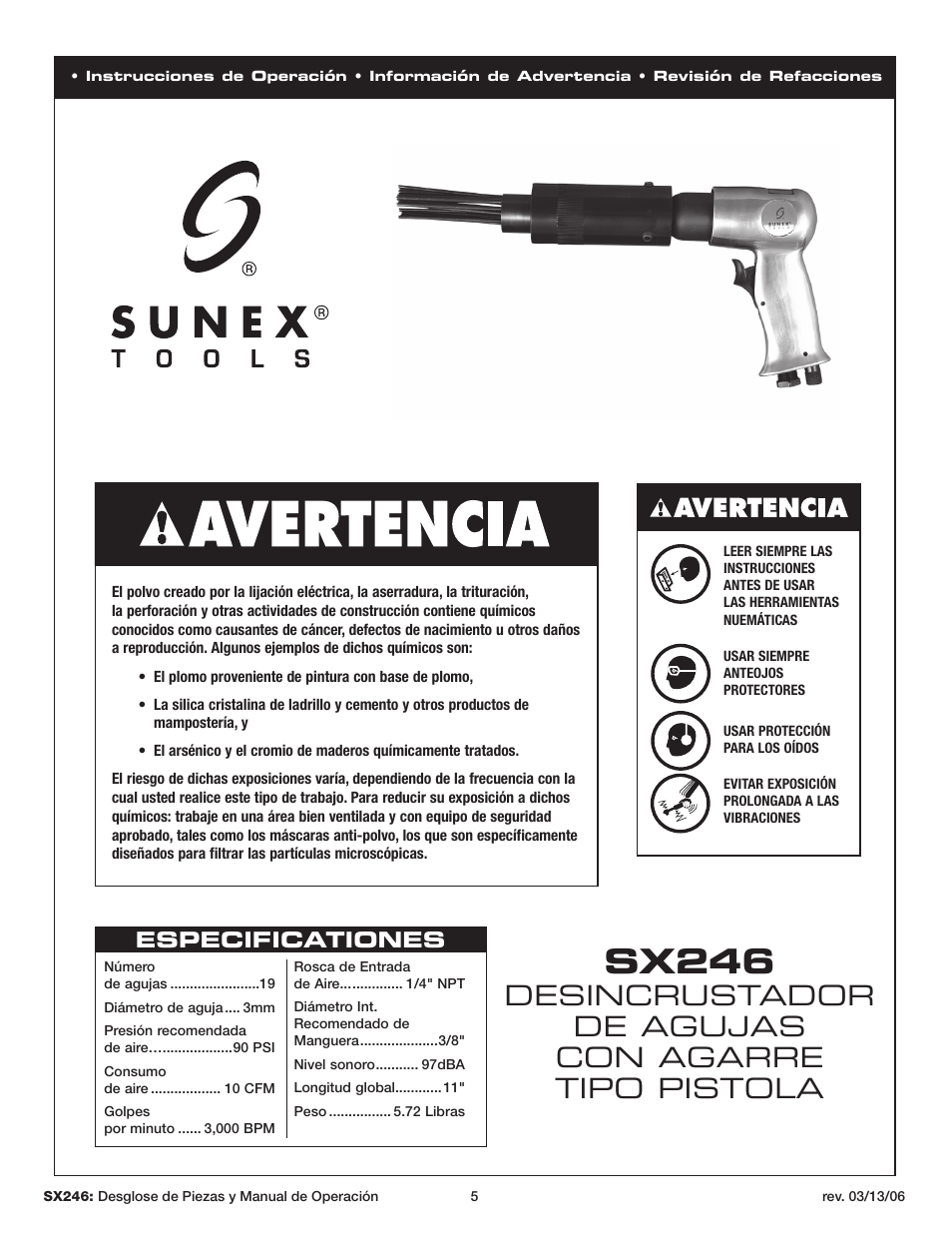 Sx246, Desincrustador de agujas con agarre tipo pistola | Sunex Tools SX246 User Manual | Page 5 / 10