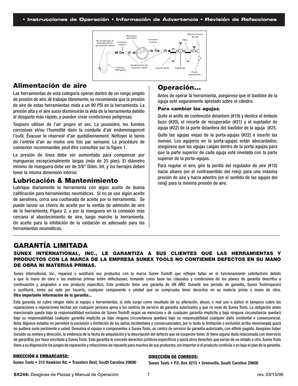Alimentación de aire, Lubricación & mantenimiento, Operación | Garantía limitada, Dirección de correos, Dirección a embarcarse | Sunex Tools SX246 User Manual | Page 7 / 10
