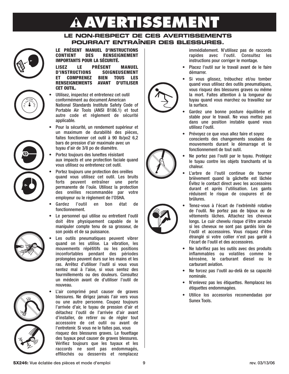 Warning | Sunex Tools SX246 User Manual | Page 9 / 10