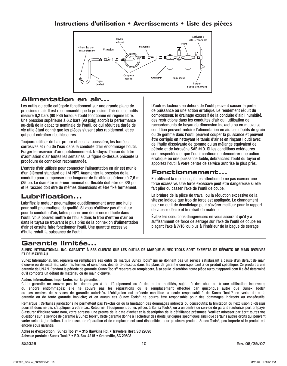 Alimentation en air, Lubrification, Fonctionnement | Garantie limitée | Sunex Tools SX232B User Manual | Page 10 / 10