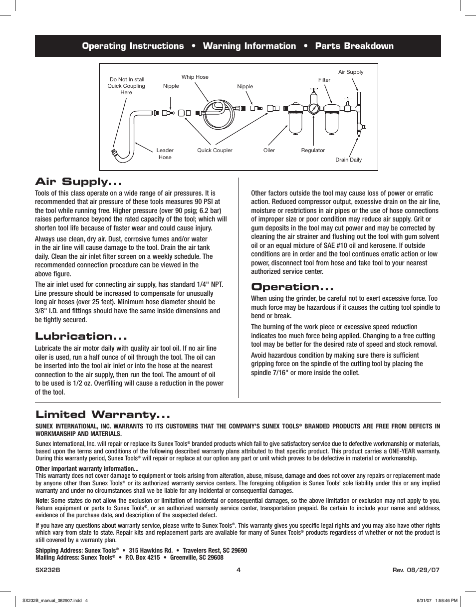 Air supply, Lubrication, Operation | Limited warranty | Sunex Tools SX232B User Manual | Page 4 / 10