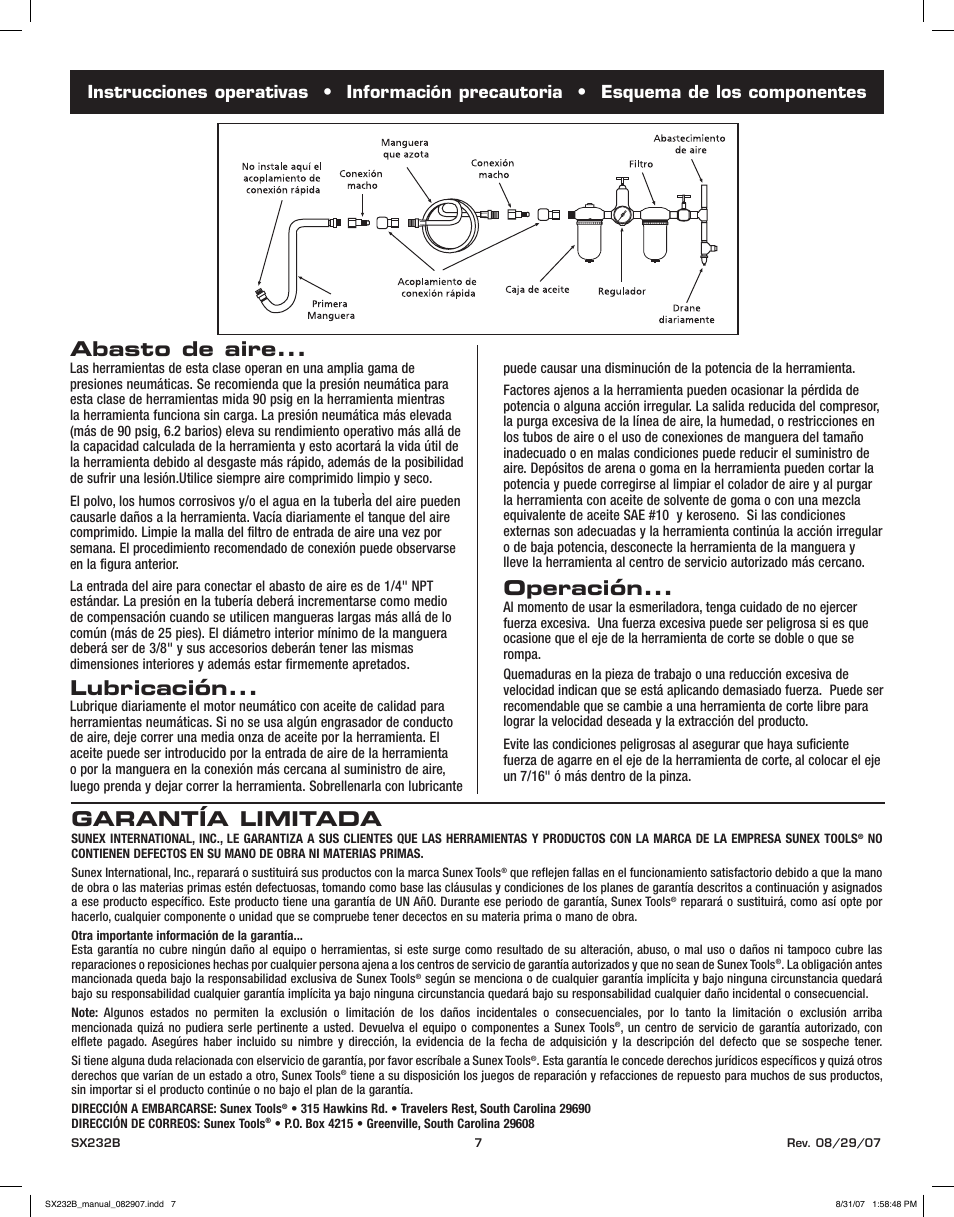 Abasto de aire, Lubricación, Operación | Garantía limitada | Sunex Tools SX232B User Manual | Page 7 / 10
