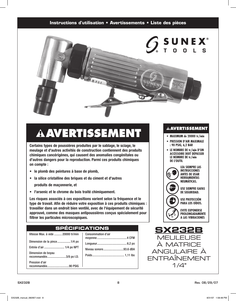 Sx232b, Meuleuse à matrice angulaire à entraînement 1/4 | Sunex Tools SX232B User Manual | Page 8 / 10