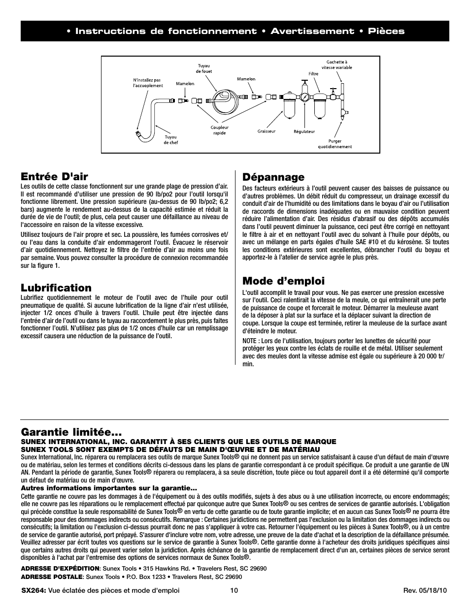 Entrée d'air, Lubrification, Dépannage | Mode d’emploi, Garantie limitée | Sunex Tools SX264 User Manual | Page 10 / 10