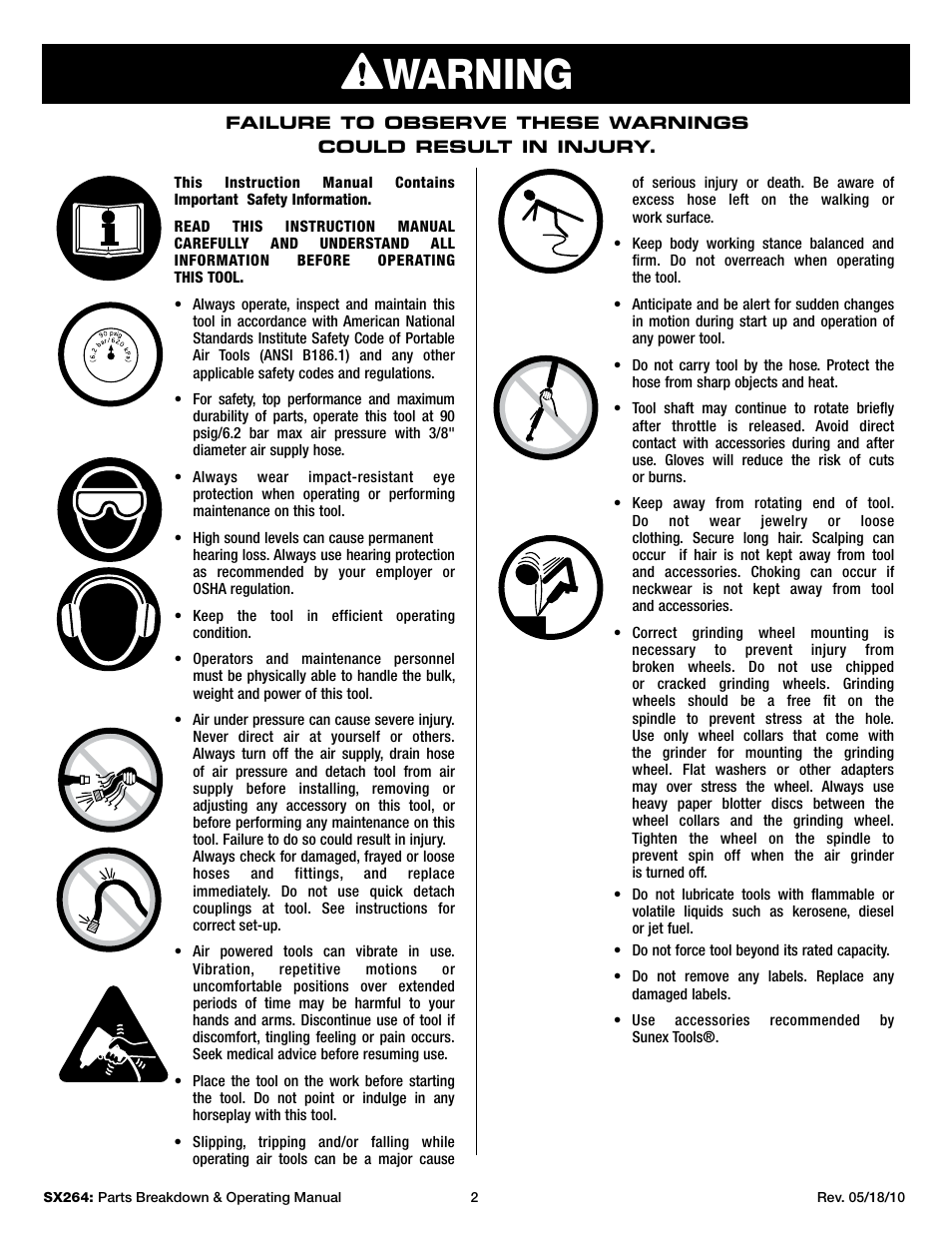 Warning | Sunex Tools SX264 User Manual | Page 2 / 10
