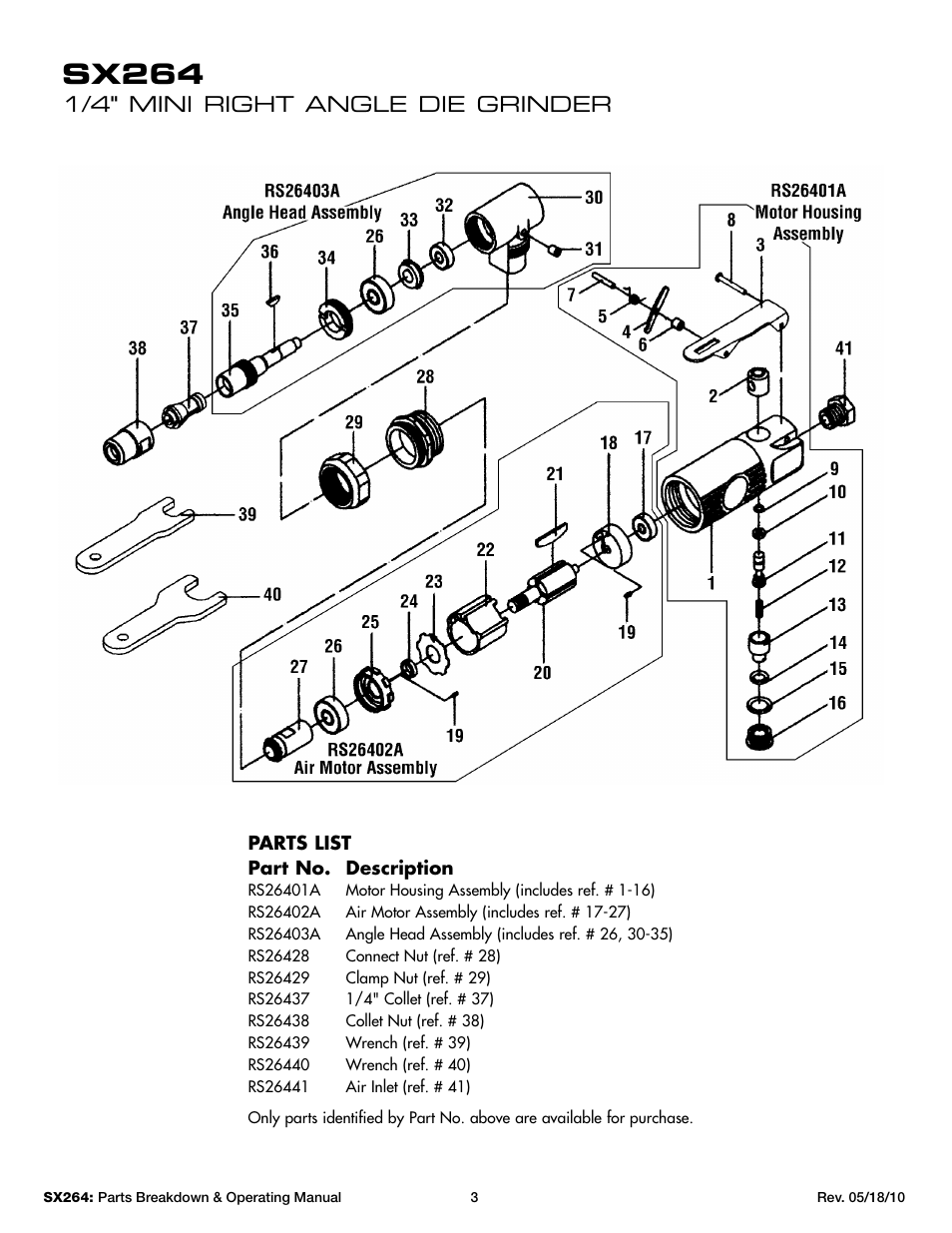 Sx264, 1/4" mini right angle die grinder | Sunex Tools SX264 User Manual | Page 3 / 10