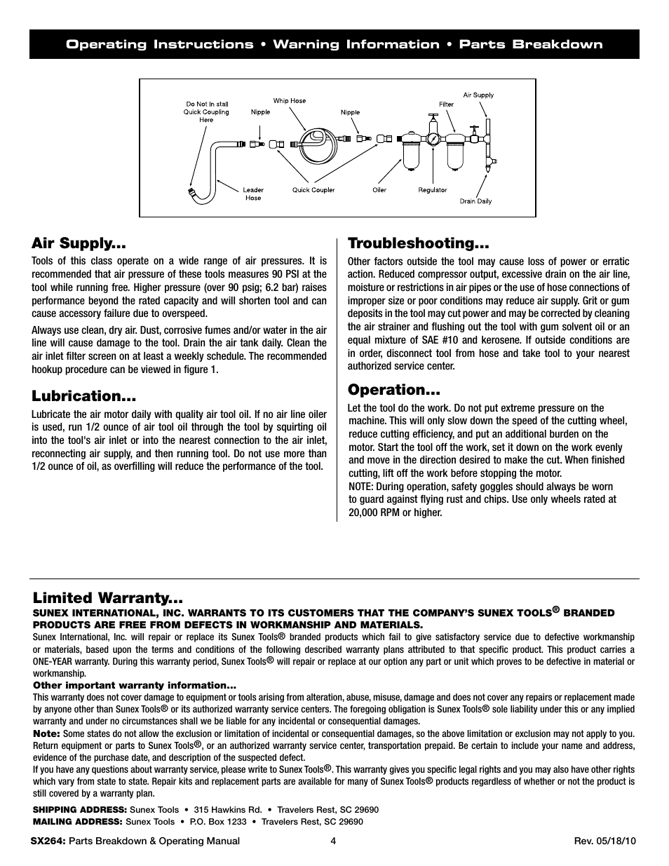 Troubleshooting, Operation, Air supply | Lubrication, Limited warranty | Sunex Tools SX264 User Manual | Page 4 / 10