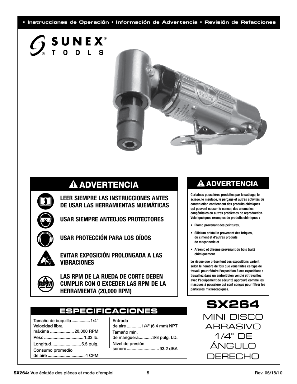Sx264, Advertencia, Mini disco abrasivo 1/4" de ángulo derecho | Sunex Tools SX264 User Manual | Page 5 / 10