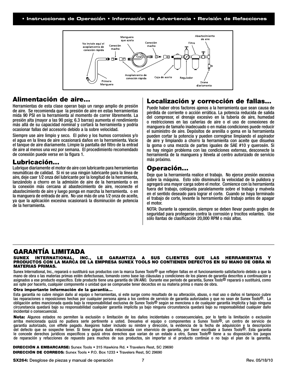 Alimentación de aire, Lubricación, Localización y corrección de fallas | Operación, Garantía limitada | Sunex Tools SX264 User Manual | Page 7 / 10