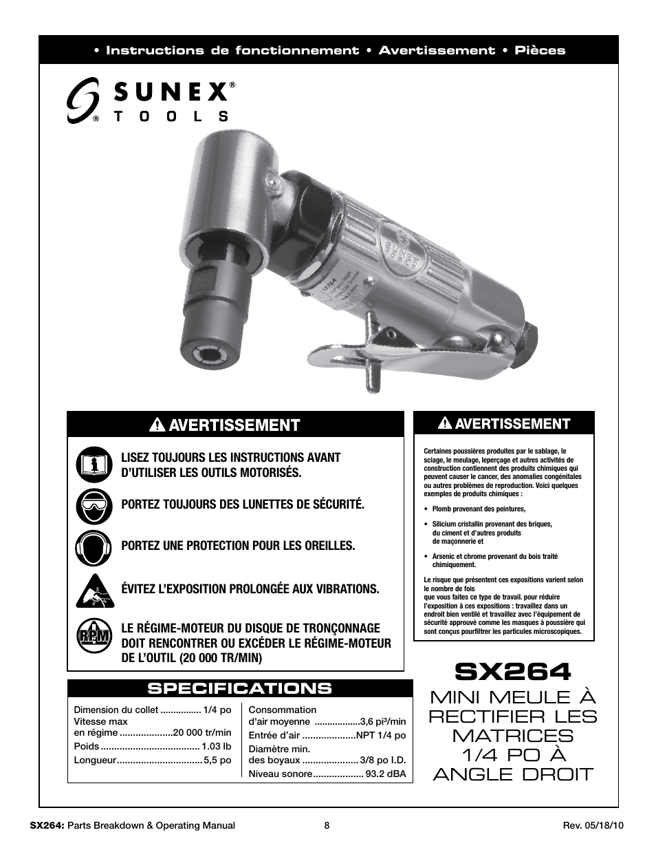 Sx264, Specifications, Avertissement | Sunex Tools SX264 User Manual | Page 8 / 10