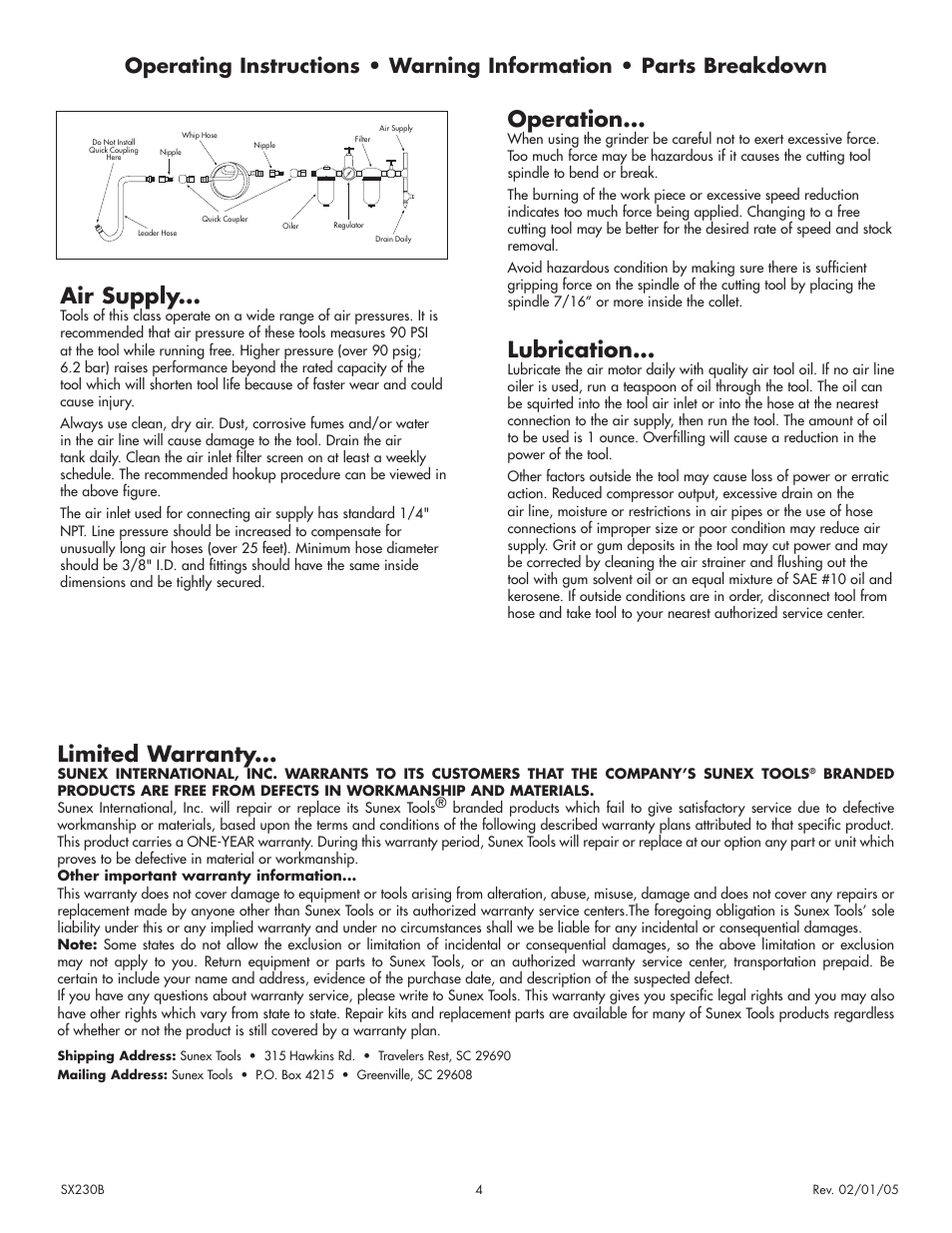 Air supply, Operation, Lubrication | Limited warranty | Sunex Tools SX230B User Manual | Page 4 / 10