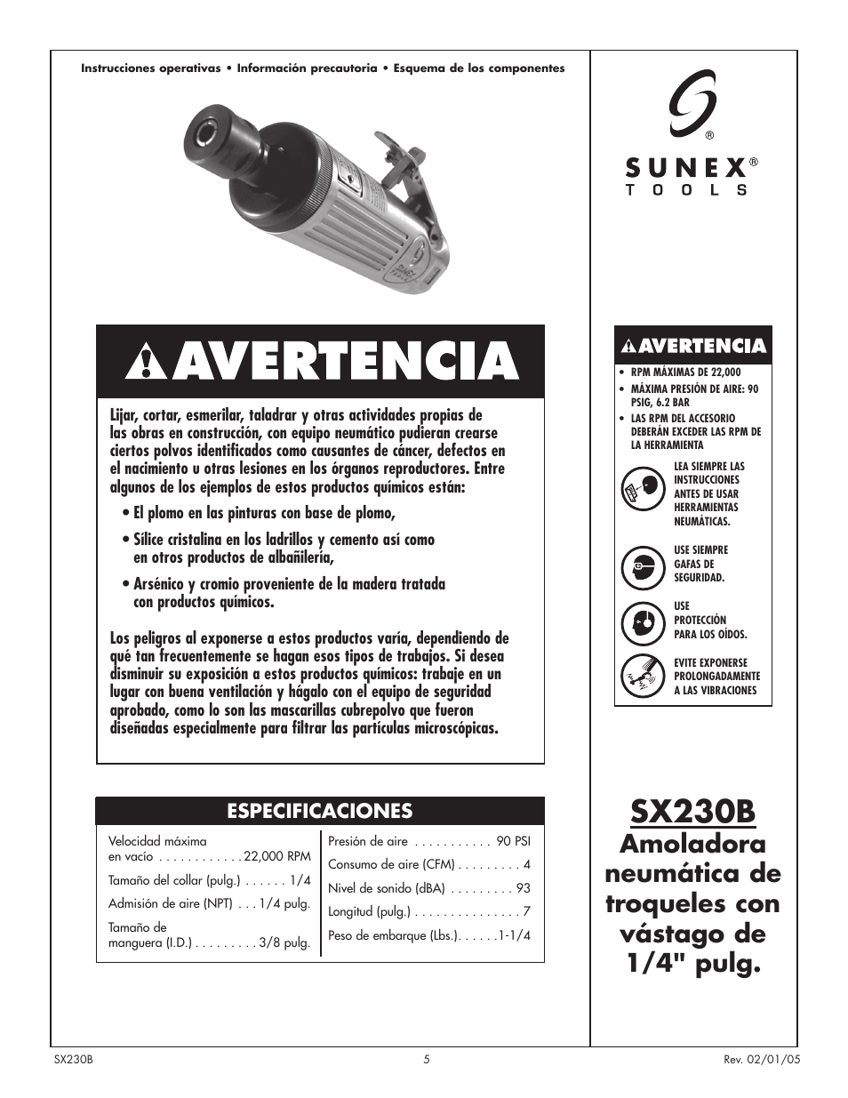 Sx230b, Especificaciones | Sunex Tools SX230B User Manual | Page 5 / 10