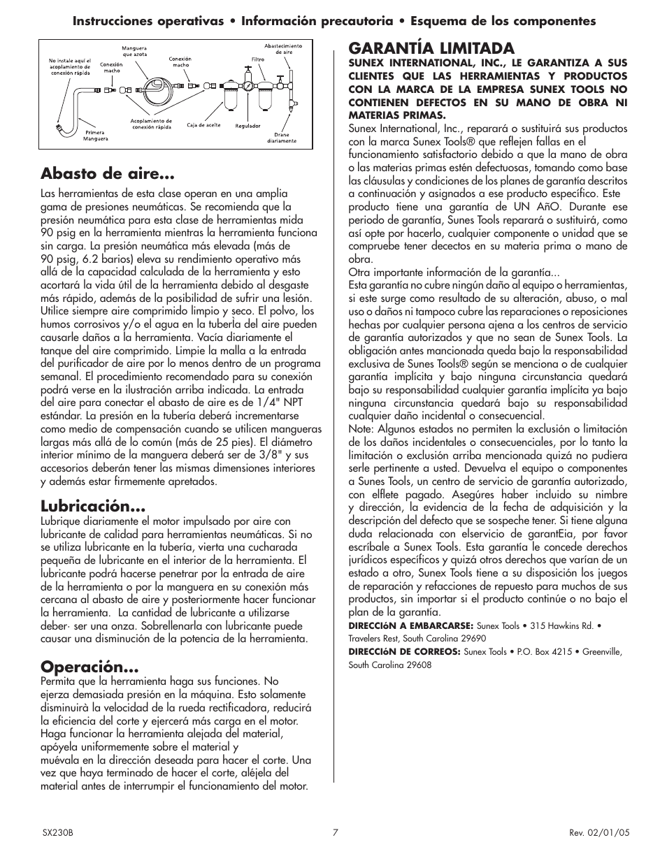 Abasto de aire, Lubricación, Operación | Garantía limitada | Sunex Tools SX230B User Manual | Page 7 / 10