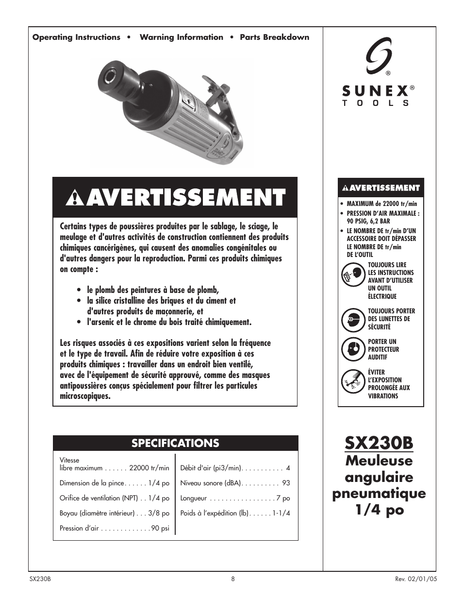 Sx230b, Meuleuse angulaire pneumatique 1/4 po, Specifications | Sunex Tools SX230B User Manual | Page 8 / 10