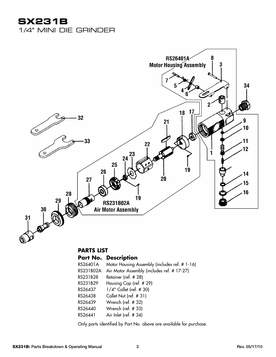 Sx231b, 1/4" mini die grinder | Sunex Tools SX231B User Manual | Page 3 / 10