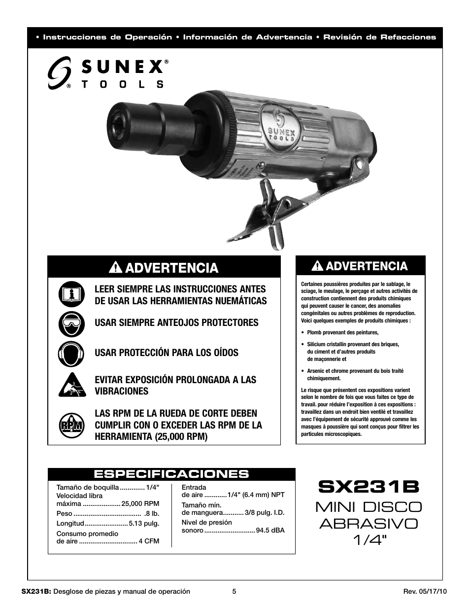 Sx231b, Mini disco abrasivo 1/4, Advertencia | Sunex Tools SX231B User Manual | Page 5 / 10