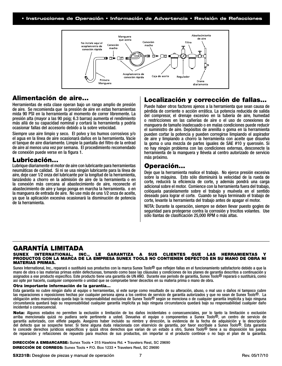 Alimentación de aire, Lubricación, Localización y corrección de fallas | Operación, Garantía limitada | Sunex Tools SX231B User Manual | Page 7 / 10