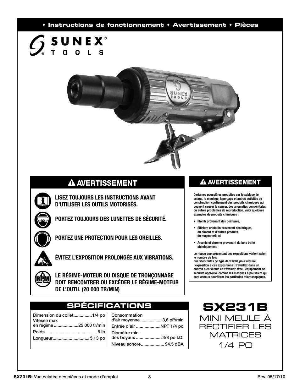 Sx231b, Mini meule à rectifier les matrices 1/4 po, Spécifications | Avertissement | Sunex Tools SX231B User Manual | Page 8 / 10