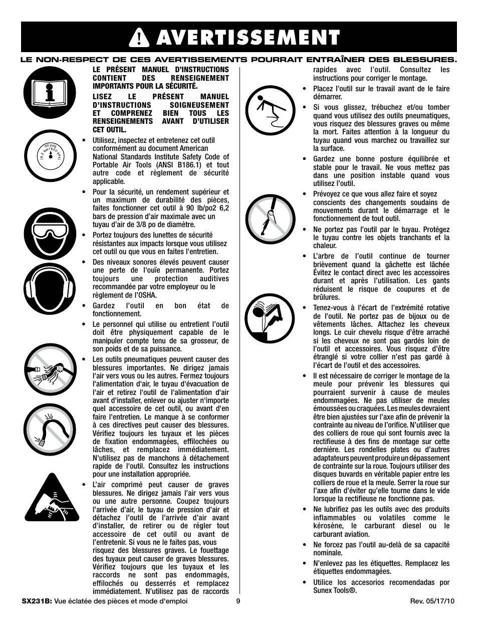 Warning, Avertissement | Sunex Tools SX231B User Manual | Page 9 / 10