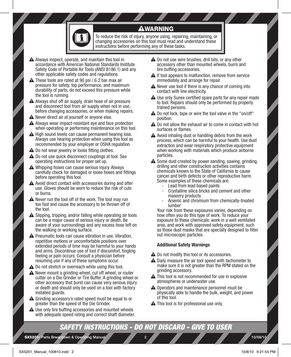 Warning | Sunex Tools SX5201 User Manual | Page 2 / 11