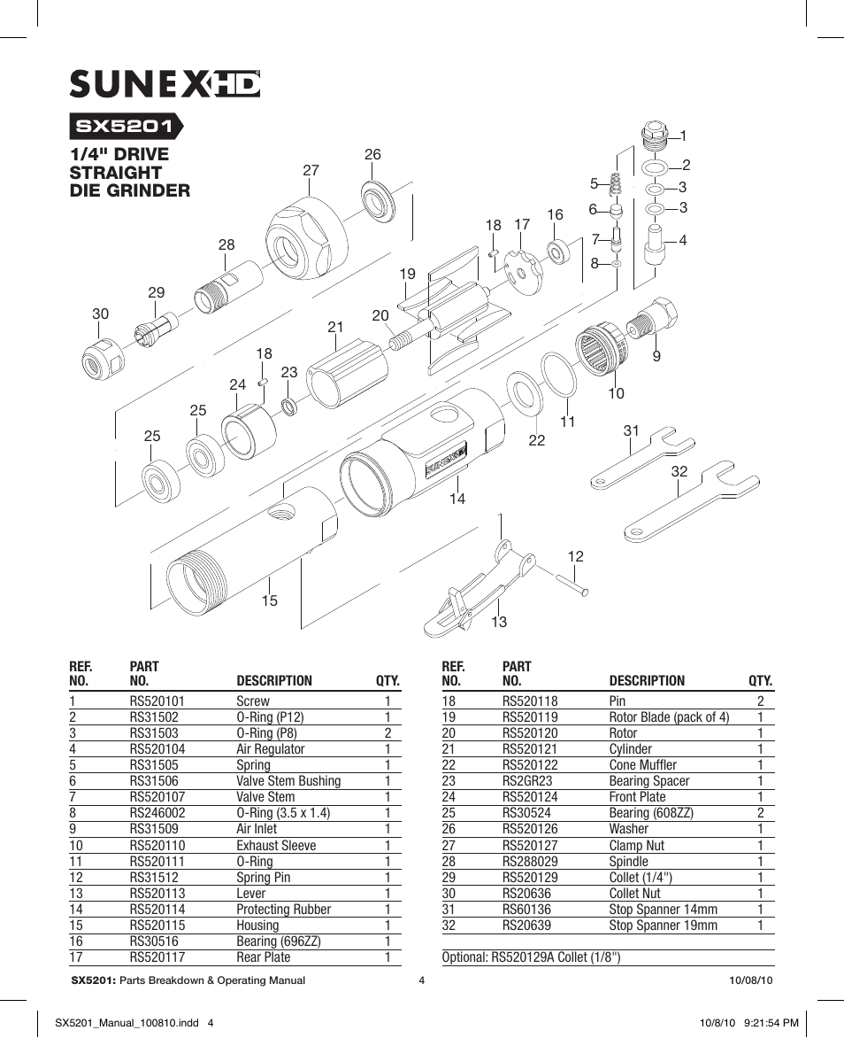 1/4" drive straight die grinder | Sunex Tools SX5201 User Manual | Page 4 / 11