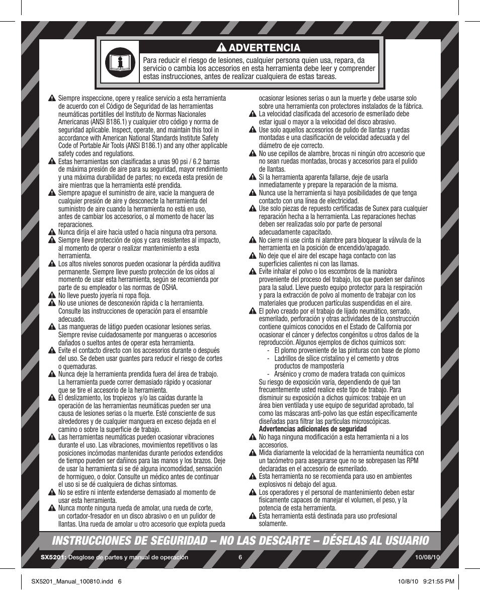 Advertencia | Sunex Tools SX5201 User Manual | Page 6 / 11