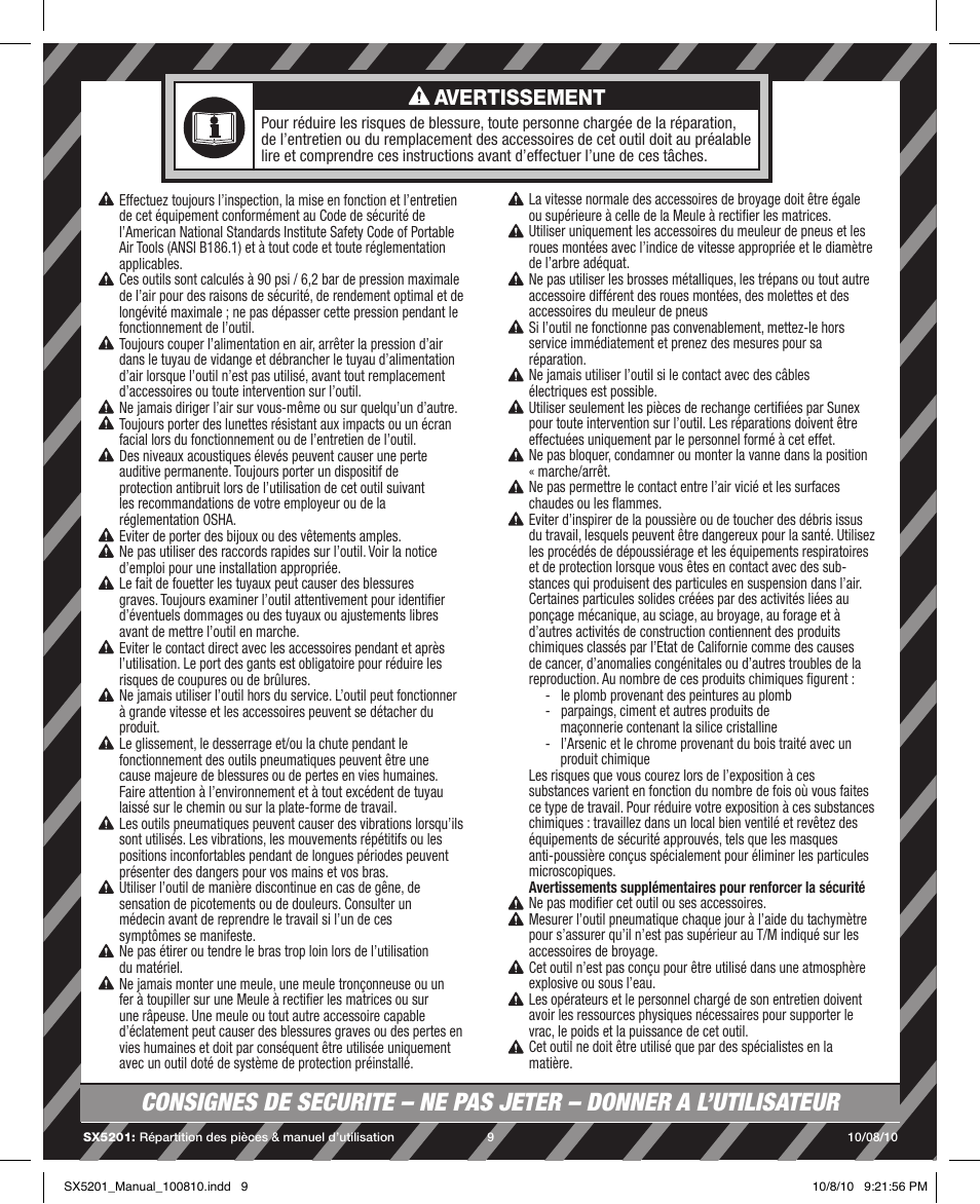 Avertissement | Sunex Tools SX5201 User Manual | Page 9 / 11