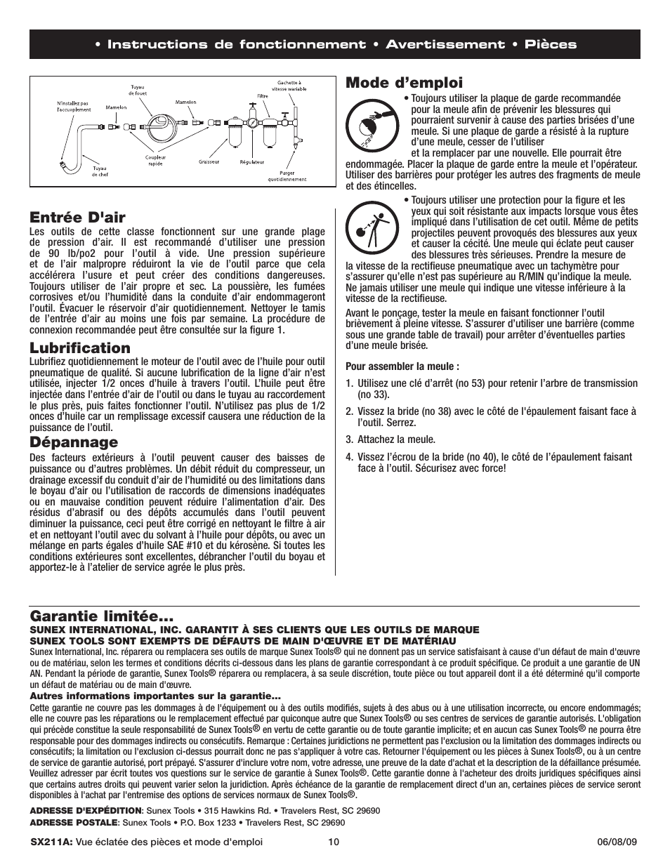 Entrée d'air, Lubrification, Dépannage | Mode d’emploi, Garantie limitée | Sunex Tools SX211A User Manual | Page 10 / 10