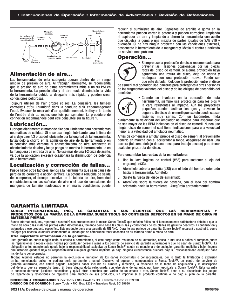 Alimentación de aire, Lubricación, Localización y corrección de fallas | Operación, Garantía limitada | Sunex Tools SX211A User Manual | Page 7 / 10