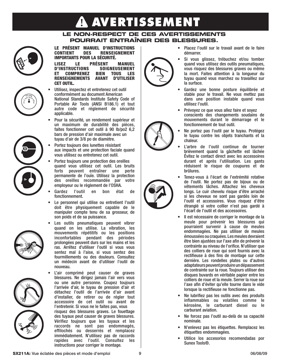 Warning, Avertissement | Sunex Tools SX211A User Manual | Page 9 / 10