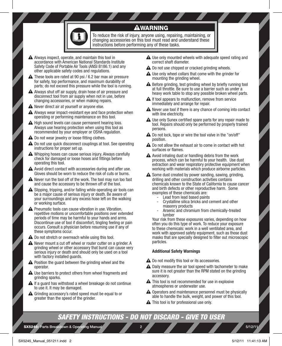 Warning | Sunex Tools SX5245 User Manual | Page 2 / 11