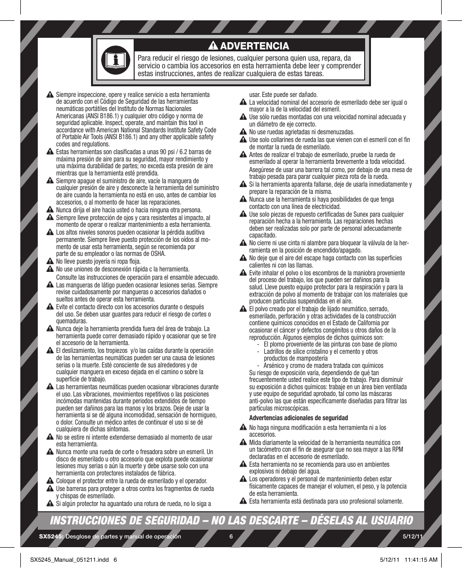 Advertencia | Sunex Tools SX5245 User Manual | Page 6 / 11