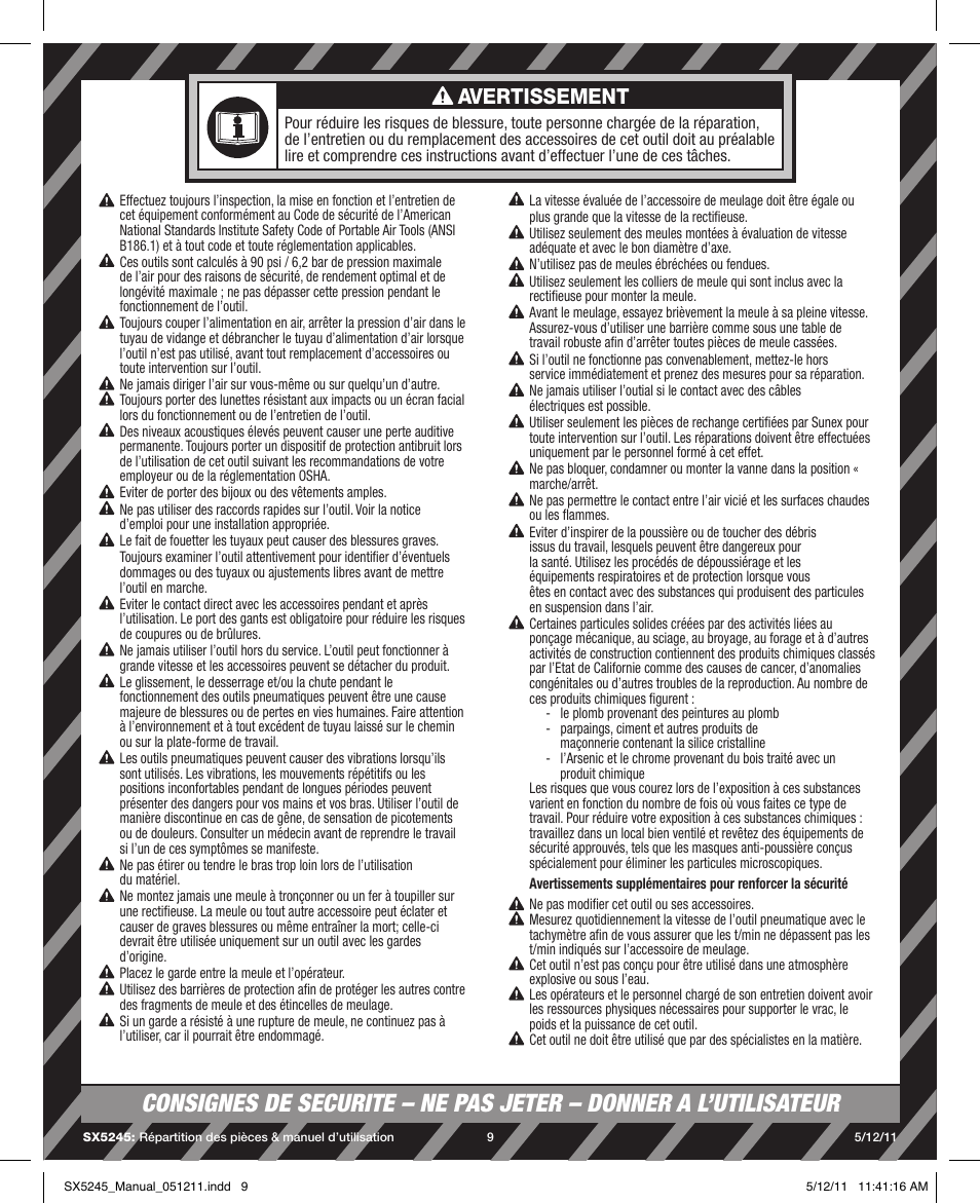 Avertissement | Sunex Tools SX5245 User Manual | Page 9 / 11