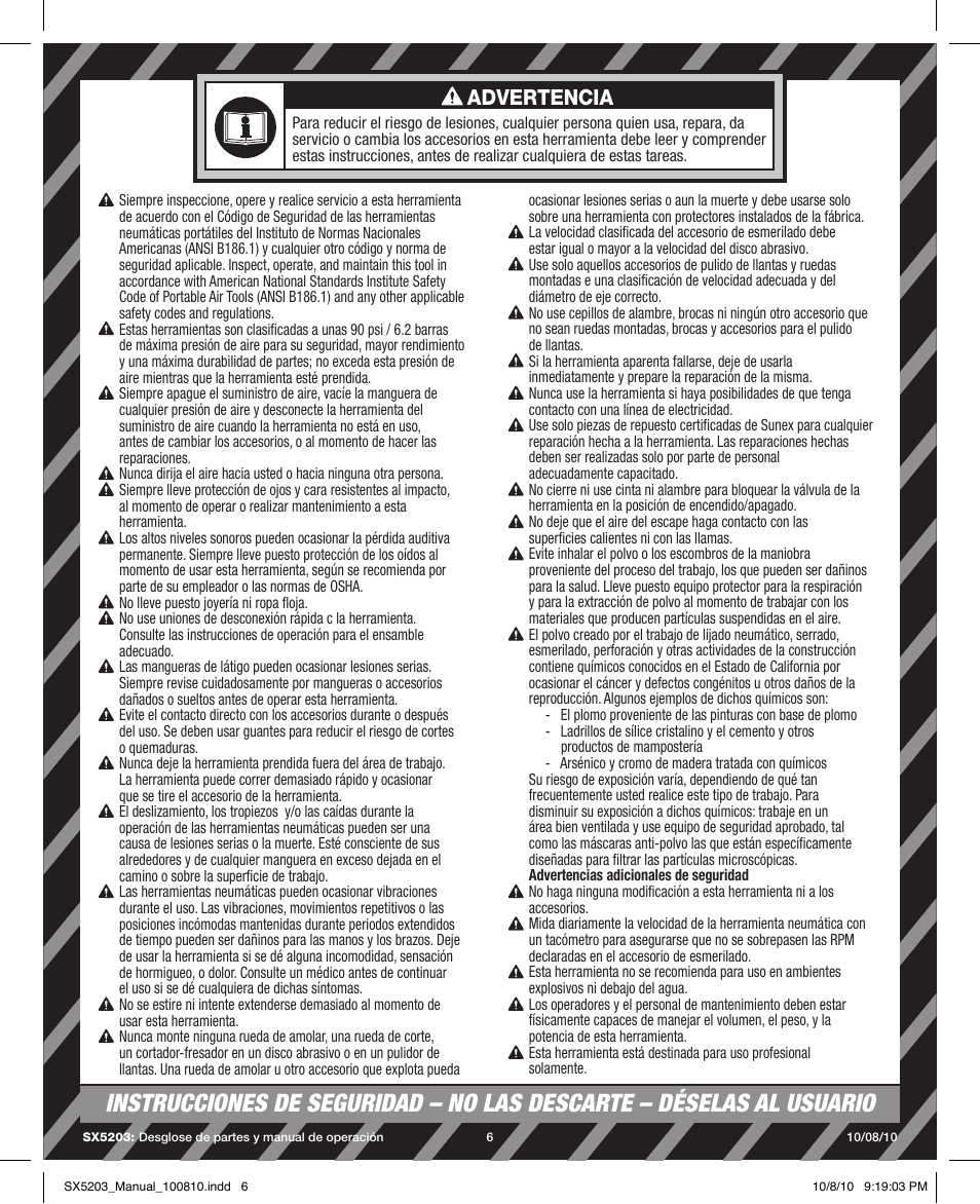 Advertencia | Sunex Tools SX5203 User Manual | Page 6 / 11