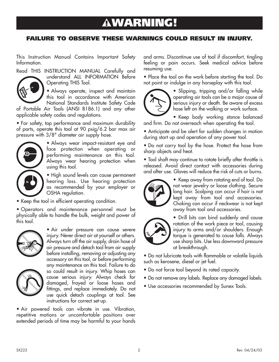 Warning | Sunex Tools SX223 User Manual | Page 2 / 4