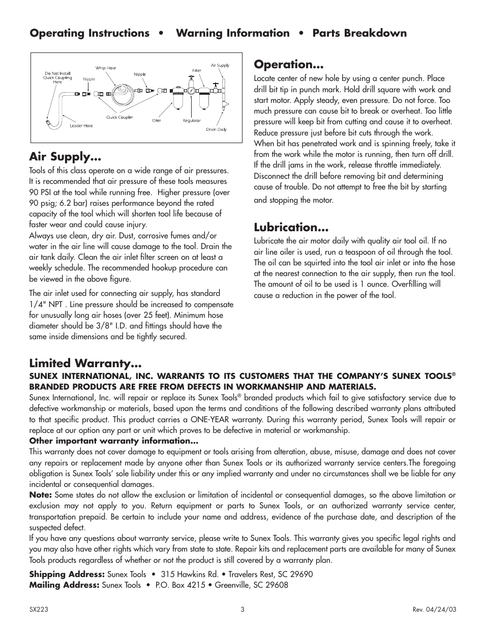 Air supply, Limited warranty, Operation | Lubrication | Sunex Tools SX223 User Manual | Page 3 / 4