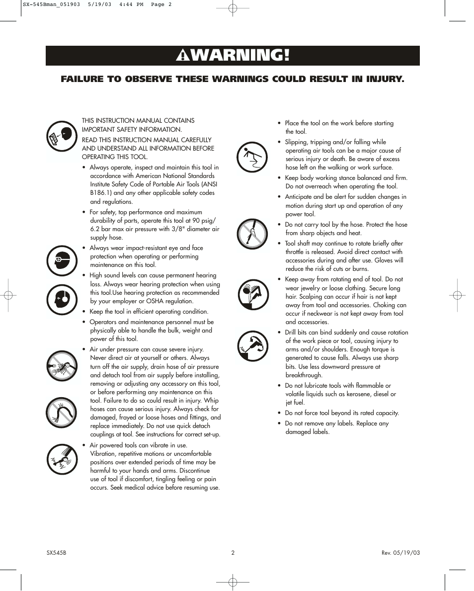 Warning | Sunex Tools SX545B User Manual | Page 2 / 4