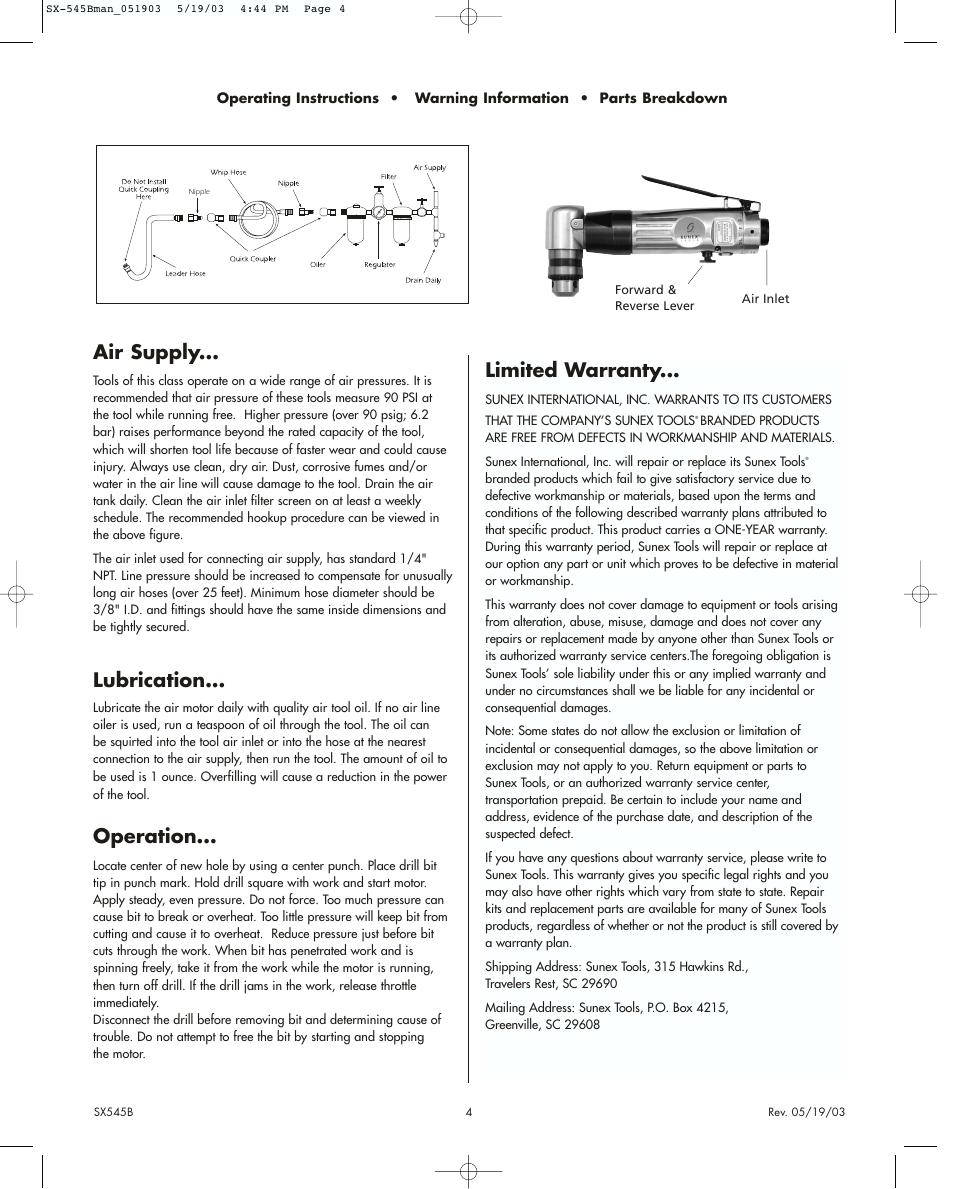 Air supply, Lubrication, Operation | Limited warranty | Sunex Tools SX545B User Manual | Page 4 / 4