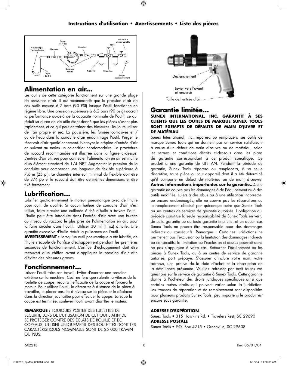 Alimentation en air, Lubrification, Fonctionnement | Garantie limitée | Sunex Tools SX221B User Manual | Page 10 / 10